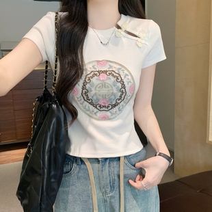 新中式国风刺绣短袖t恤女2024夏季修身显瘦短款上衣甜辣纯棉