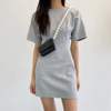 韩国东大门夏装小众圆领，纯色高腰短裙，休闲时尚包臀短袖连衣裙