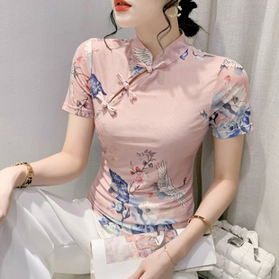 复古印花短袖T恤女中国风改良立领盘扣上衣时尚网纱小衫修身半袖