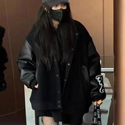 明星王子文同款拼接棒球服黑色复古棉服宽松皮衣短外套女23秋冬潮