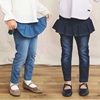 日本女童装假两件裙裤春季儿童洋气荷叶边弹力仿牛仔打底长裤