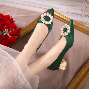 绿鞋婚鞋女绿色中式结婚鞋子尖头，粗跟平底新娘，鞋平跟孕妇秀禾单鞋