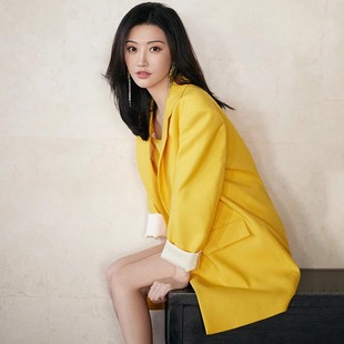 景甜同款柠檬黄西装外套，女中长款2023秋季韩版显瘦西服，裙子套装女