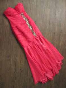 0115a粉红色鱼尾裙抹胸，雪纺手工钉珠外贸，长款晚礼服裙宴会年会
