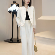 春秋穿搭一整套装干练气质女装白色新中式，国风外套长裤两件套