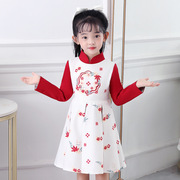 女童新中式连衣裙披肩两件套中国风长袖连衣裙短裙甜美毛绒披风
