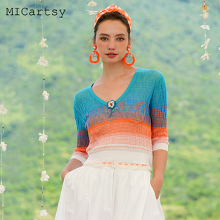 MICartsy王紫珊2020春夏手工钉珠珠花渐变色V领针织衫套头衫