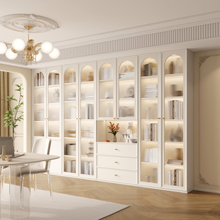 法式去客厅化书柜一体整墙到顶书房储物柜书架展示柜柜子实木定制