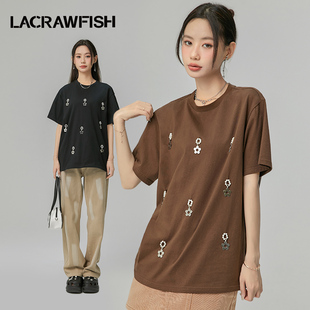 lacrawfish韩系重工手缝金属珍珠，花朵装饰t恤女短袖宽松圆领上衣