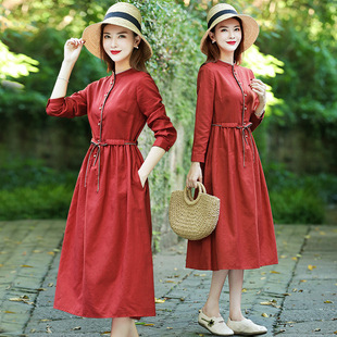外贸2024年红色棉麻连衣裙，春秋季大码女装，休闲别致长袖亚麻裙