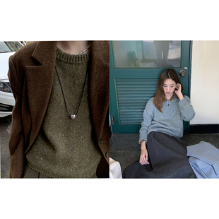 helloooeat50%羊毛圆领套头，针织衫复古长袖，韩版杂色系设计感毛衣