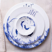 景德镇陶瓷器56头骨瓷餐具套装，青花瓷釉中彩，年年有余碗碟十碗十盘