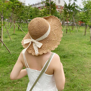 田园森女风蕾丝系带草帽子女夏季可折叠大檐休闲遮阳帽海边沙滩帽
