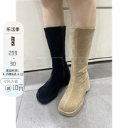 韩国东大门女鞋24ins欧美范防水(范，防水)台坡跟丝绒侧拉链显瘦中筒靴