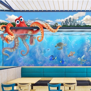 海底世界总动员壁纸海鲜水产直播背景墙纸餐厅饭店海洋水族馆壁画