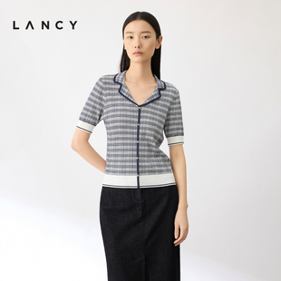 LANCY/朗姿夏季黑白格纹短袖针织衫女撞色格子套头衫复古提花上衣