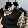 格子衬衫领假两件长袖t恤男秋冬季潮牌男士打底衫外套纯棉上衣服