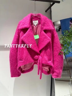 设计师品牌潘特pantterfly进口马海毛，短款大翻领玫，红色外套大衣