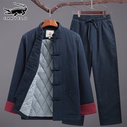 鳄鱼男士唐装套装中国风冬季加厚爸爸中式复古汉服中老年棉衣外套