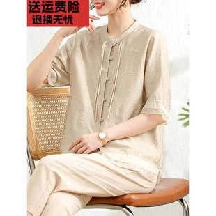 中国风妈妈夏装唐装上衣洋气，中年女装夏季套装，大码中老年棉麻衬衫