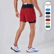 春夏运动短裤男女假两件跑步健身马拉松训练裤高腰速干手机腰包红