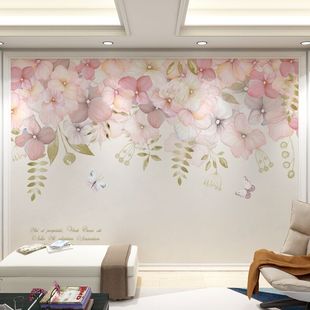 北欧手绘水彩植物电视背景，墙布客厅田园沙发，壁画叶子花朵卧室壁布