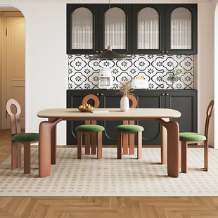 美式复古实木餐桌椅组合小户型现代简约中古风家用洞石岩板饭桌椅