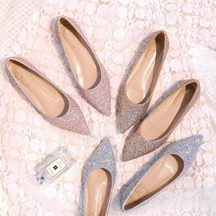 婚鞋亮片平底鞋女尖头单鞋，平跟浅口金粉色(金粉色)新娘，伴娘鞋宴会鞋