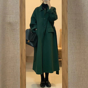 高级感墨绿色呢子大衣女中长款韩系赫本风系带毛呢外套