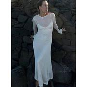 纯色长袖针织镂空罩衫，连衣长裙solidknittedcutoutmaxidress