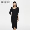 ROCOCO商场同款2023秋泡泡袖宝石领气质长裙宫廷风黑色连衣裙