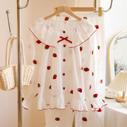 2024春季刺绣草莓甜美透气纯棉睡衣薄款公主风长袖家居服套装