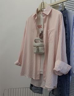 粉色条纹防晒衬衫女夏季薄款设计感小众宽松慵懒风休闲长袖上衣潮