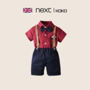 英国Next koko婴儿夏季纯棉套装男宝宝欧美风礼服红色条纹两件套