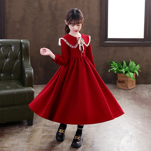 女童连衣裙洋气秋冬公主裙，儿童长袖裙子红色礼服，高级感中大童长裙