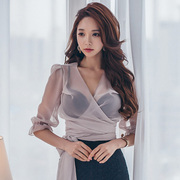 雪纺上衣2022年夏季韩版性感透视收腰蝴蝶结，防晒雪纺衫女装