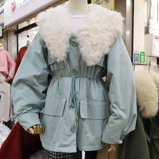 韩国东大门滩羊毛领羽绒服女中长款收腰白鸭绒(白鸭绒)派克服工装外套