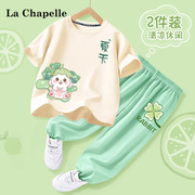 拉夏贝尔女童短袖，t恤夏季2024夏装，套装纯棉儿童防蚊裤两件套