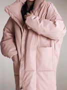 粉色中长款棉服2024年秋冬季时尚立领廓形皮衣加厚保暖外套女