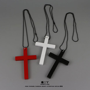 酷二丫暗黑木制红色十字架，项链大毛衣链，亚文化哥特修女配饰洛丽塔
