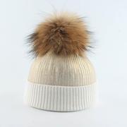 儿童貉子毛球帽子秋冬烫金印，胶针织毛线条纹，卷边保暖帽亲子
