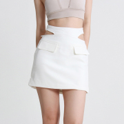 dionlee性感辣妹腰部镂空绑带设计短裙，夏季白色高腰包(高腰包)臀裙女