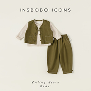 insbobo儿童套装男童秋装，新中式宝宝衣服，秋季套装复古盘扣三件套