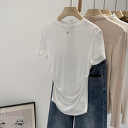 高货速发圆领短袖白色T恤设计感韩版2024春夏季百搭洋气褶皱