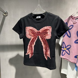 设计师品牌2024春夏款女士，红色蝴蝶结订珠亮片短袖t恤短款t恤上衣