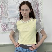 MOF礼物商店 少女甜心夏季黄色蕾丝花边领子烫钻短袖T恤女