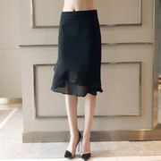 黑色雪纺短裙半身裙女夏季2024裙子高腰显瘦a字鱼尾裙包臀裙