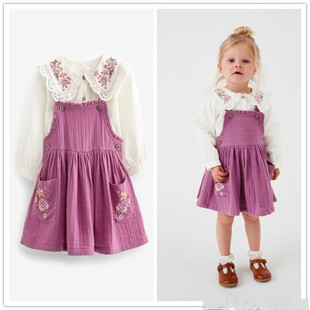 英国next童装22春秋小女孩紫色刺绣百褶背心裙+衬衫套装