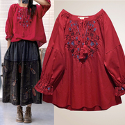 高级感中国红色复古民族风刺绣，上衣女装夏季棉衬衫宽松大码娃娃衫
