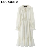 拉夏贝尔/La Chapelle法式甜美雪纺连衣裙木耳花边收腰长裙子
